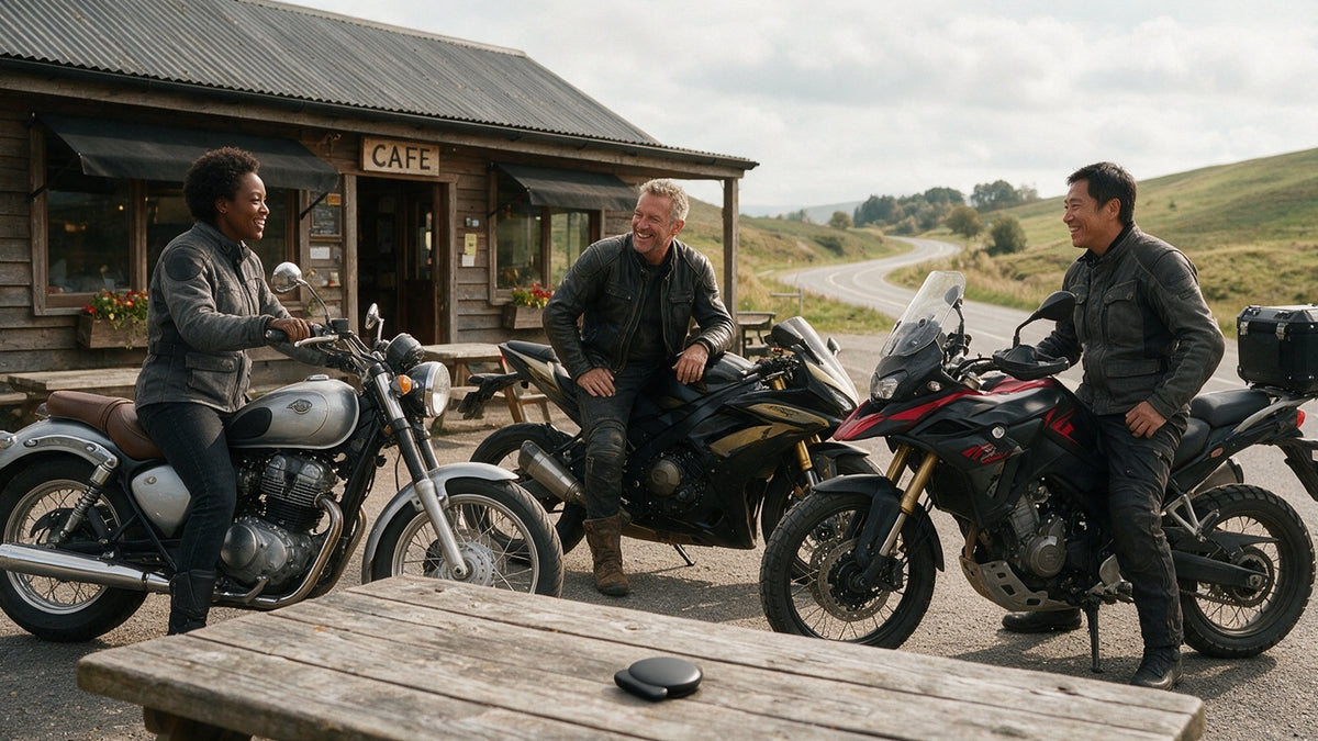Three riders with their motorcycles outside a roadside cafe
