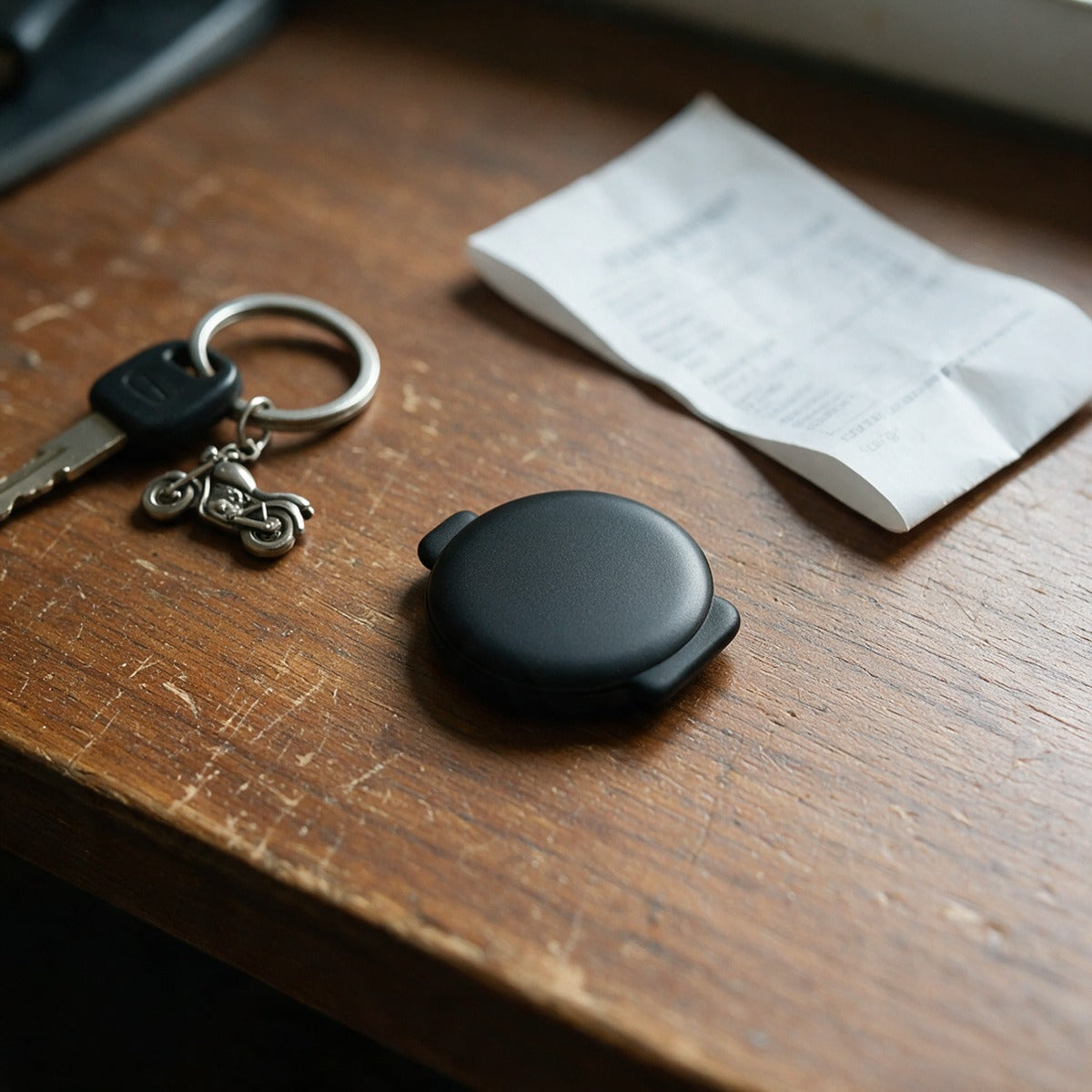 Bluetooth finder tag on a workbench beside a set of motorcycle keys