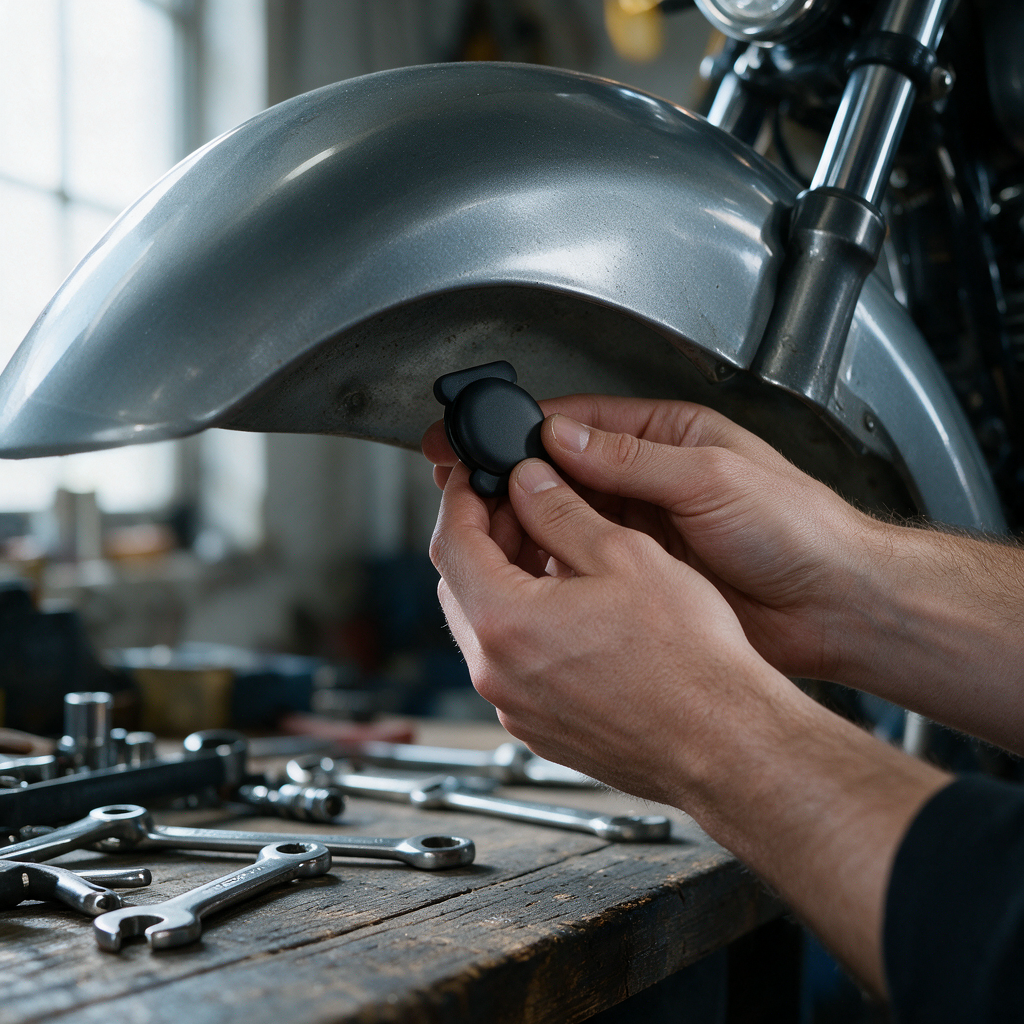 Pressing the Stealth tracker onto the underside of a motorcycle fender