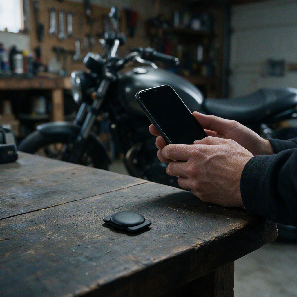 Checking a phone in the garage with the motorcycle behind