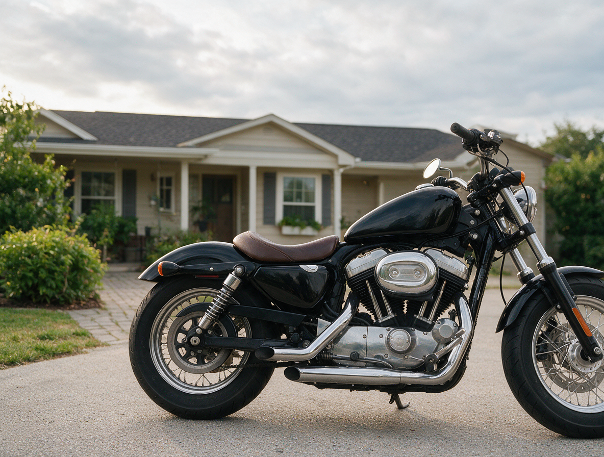 Motorcycle parked in a driveway with the tracker fitted