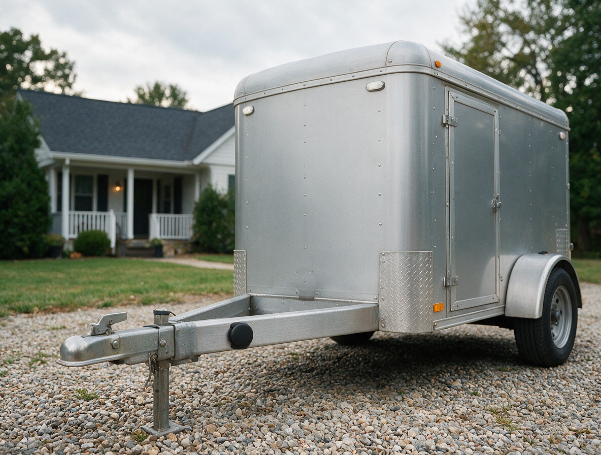 Cargo trailer on gravel with the tracker on its drawbar