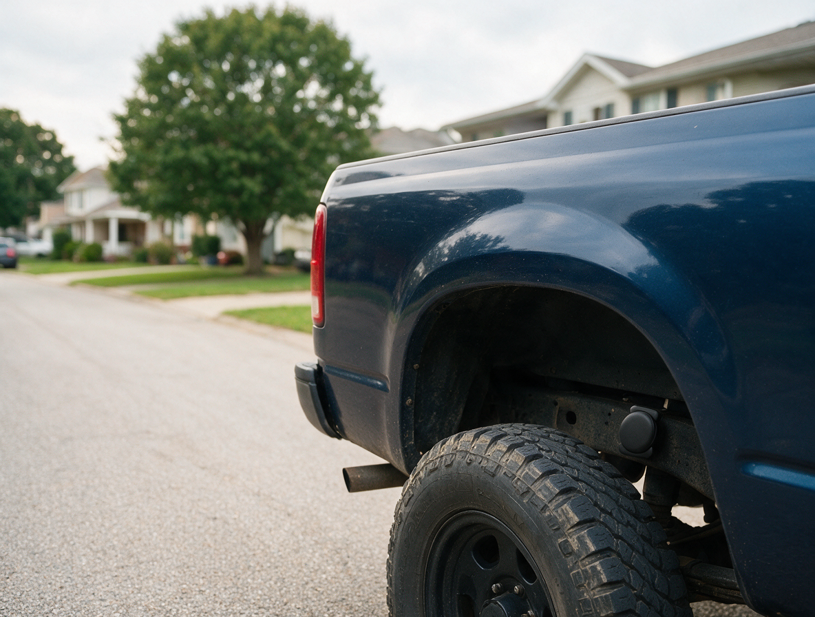 Pickup truck parked on a street with the tracker fitted to the chassis