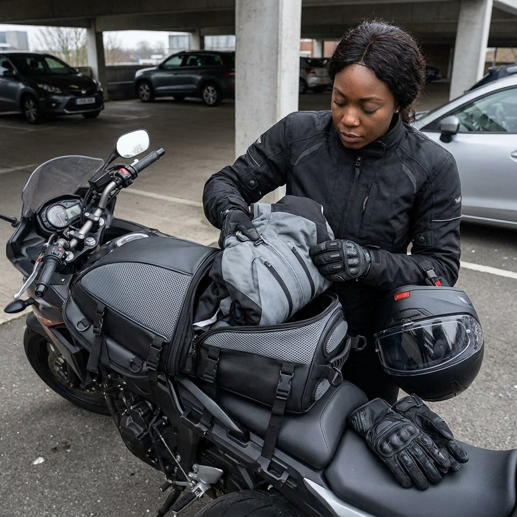 Rider packing a jacket into the waterproof motorcycle tail bag