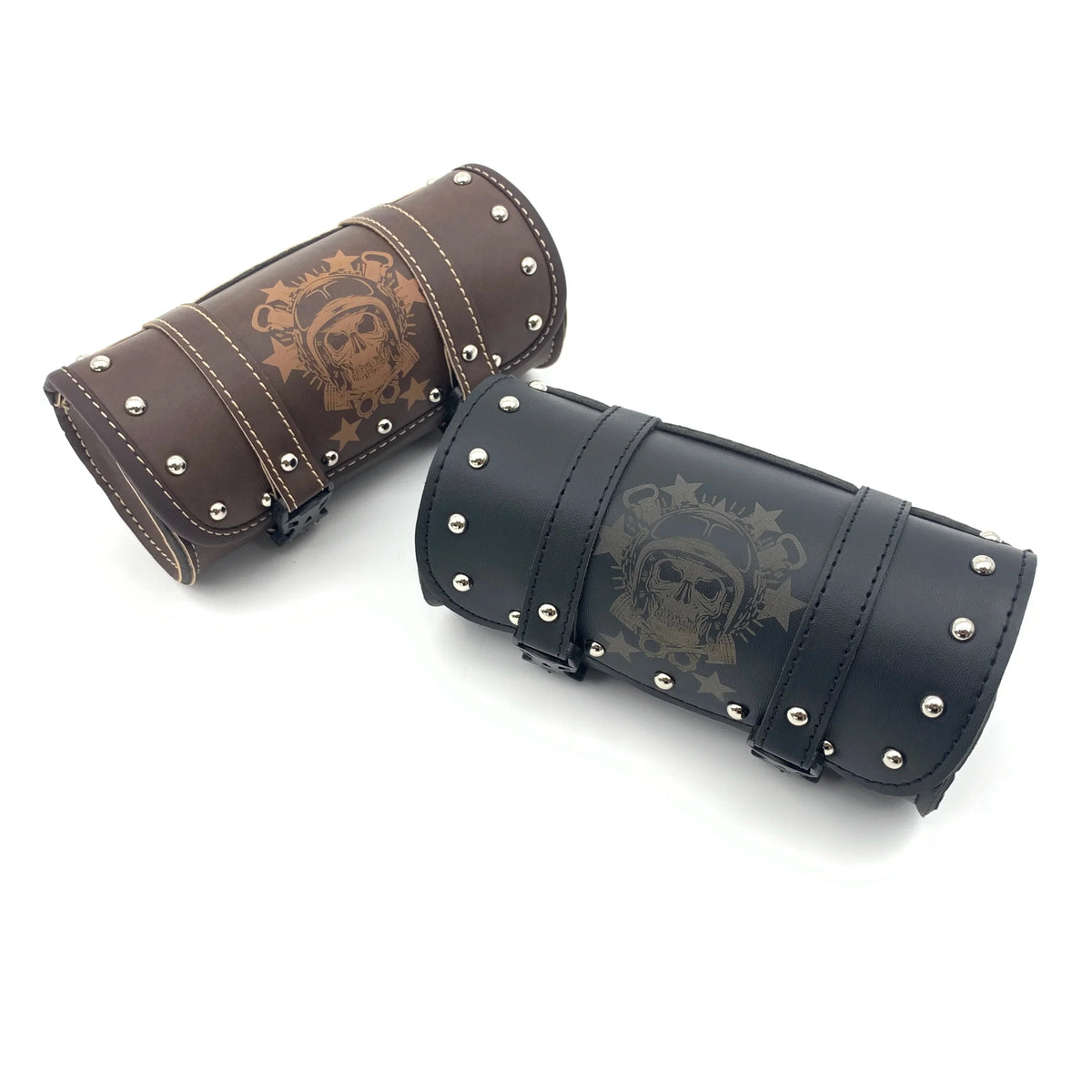 Black studded leather motorcycle barrel tool pouch