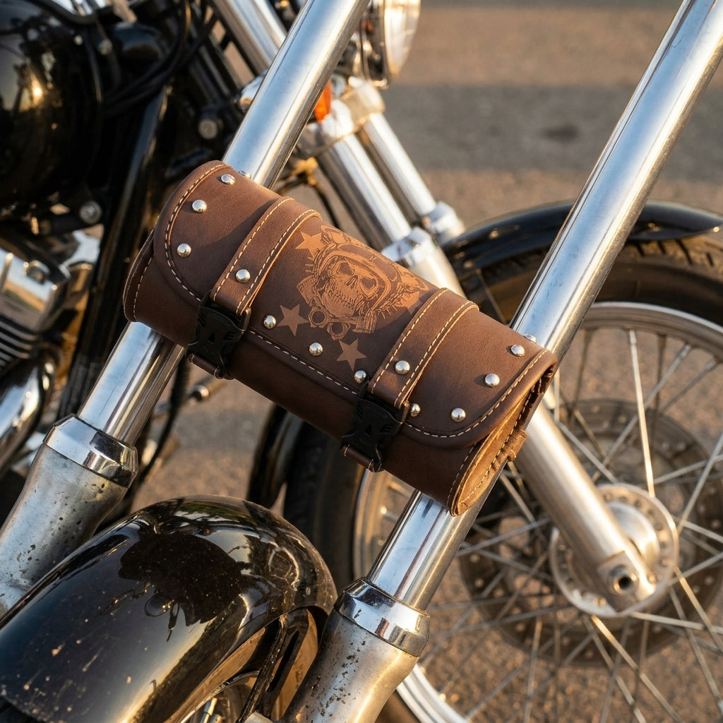 Studded leather tool pouch strapped to the forks of a chopper