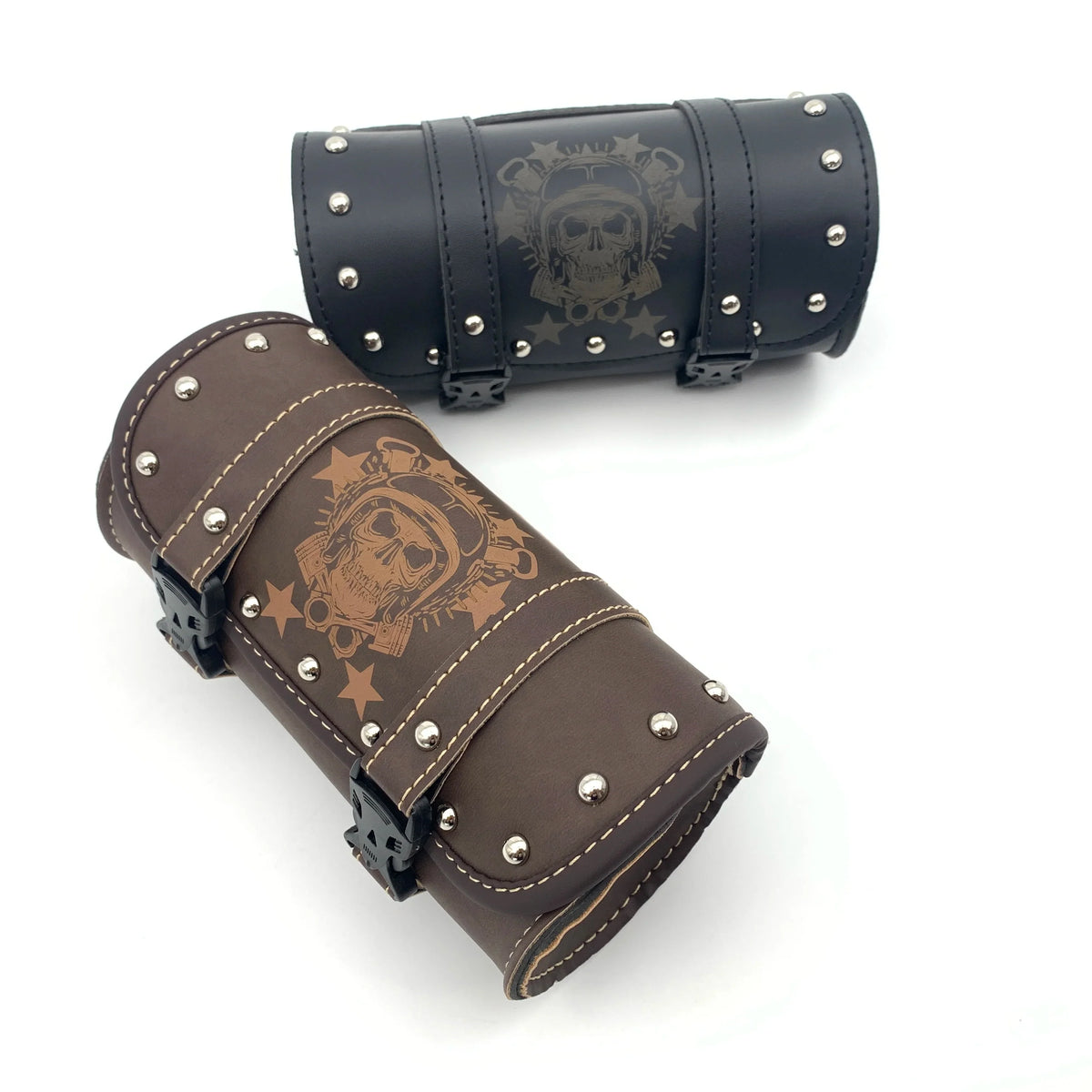 Studded brown leather motorcycle tool pouch with skull tooling