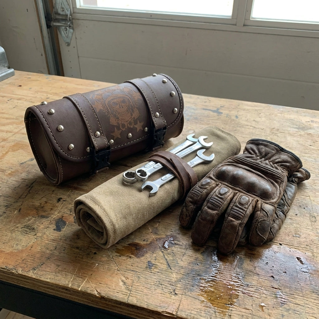 Leather tool pouch on a workbench beside a tool roll and gloves