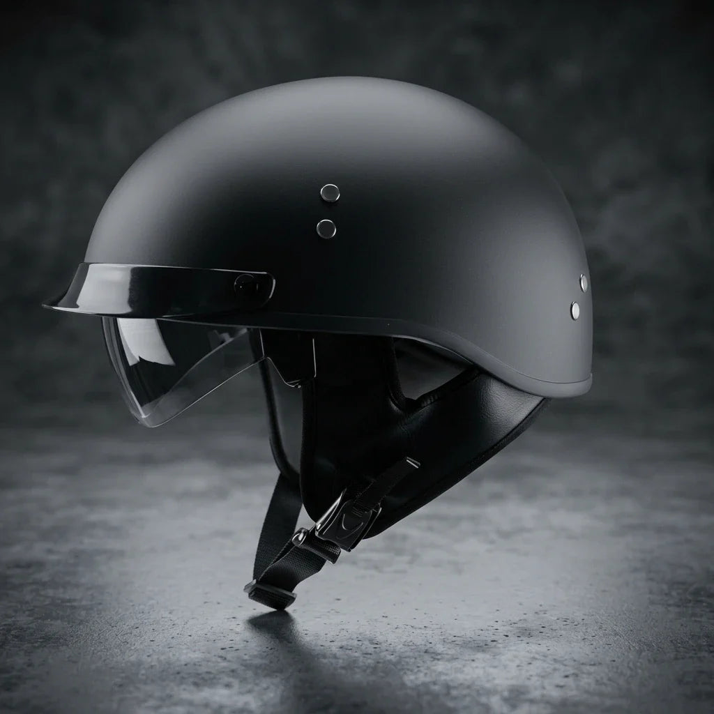 Flip-down inner sun shield on the vintage half helmet