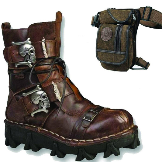 A pair of Handmade Skull Leather Boots + Free Leg Bag Bundle with skull embellishments.