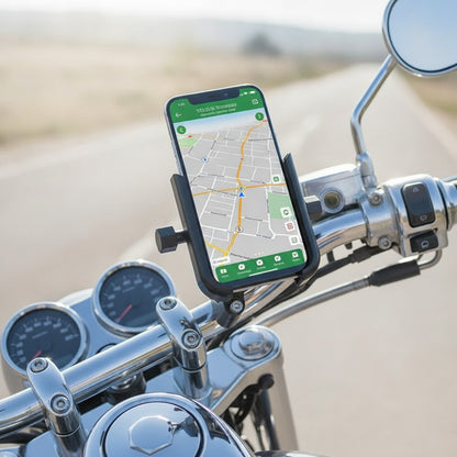 GPS phone locked in an aluminum motorcycle phone mount on a cruiser
