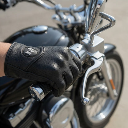 Motorcycle gloves gripping handlebars