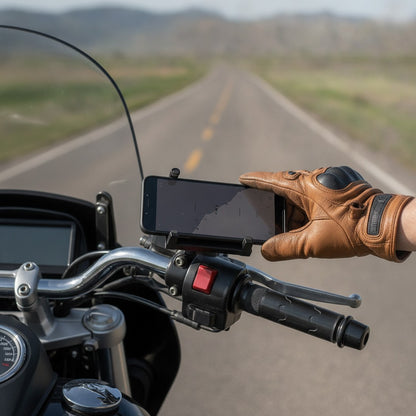 Rider clicking a phone into the motorcycle phone mount
