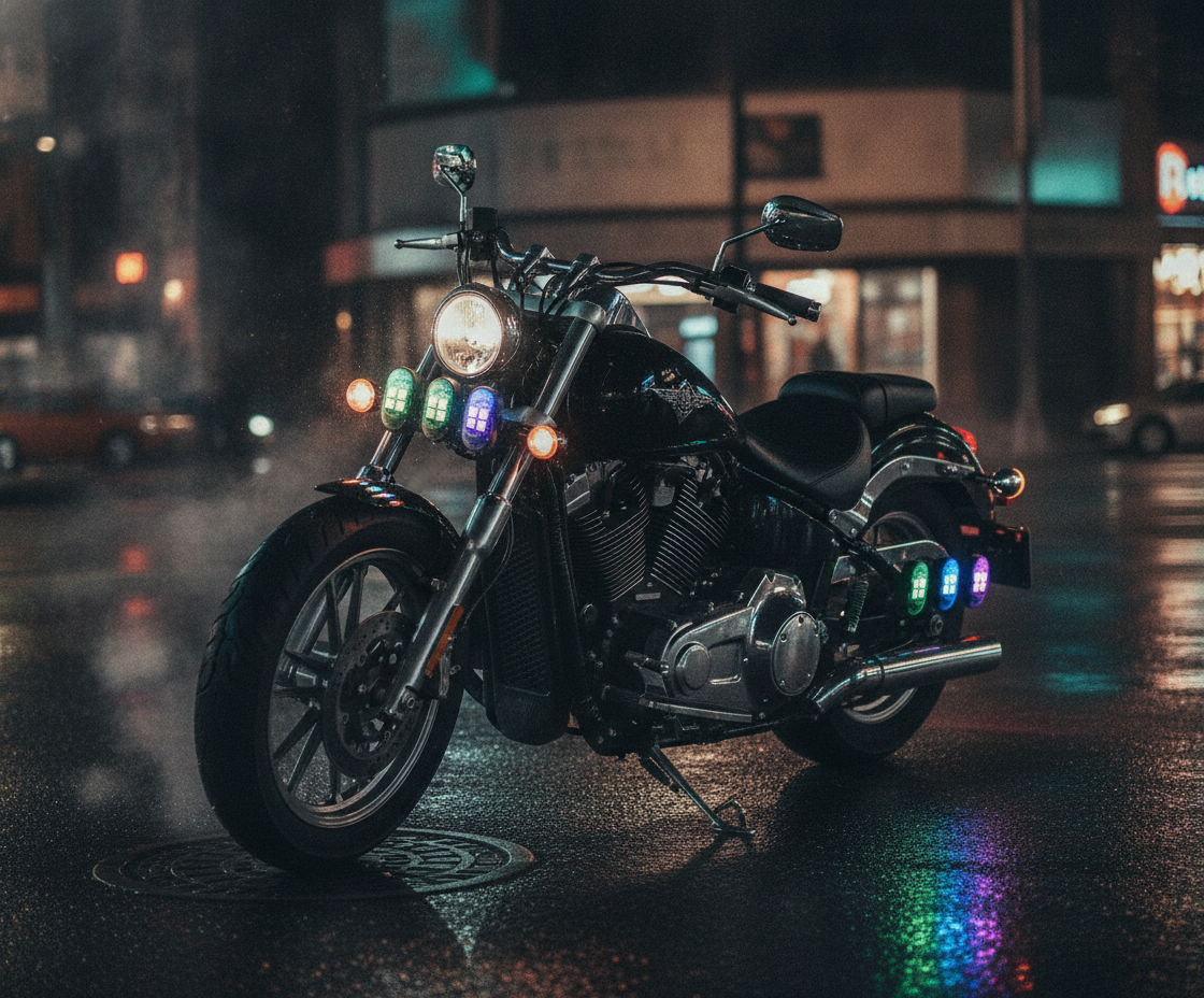 RGB motorcycle lights glowing on a bike at night