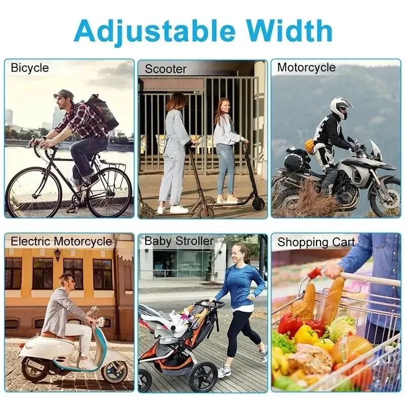Adjustable width phone mount fits bicycle scooter and motorcycle handlebars