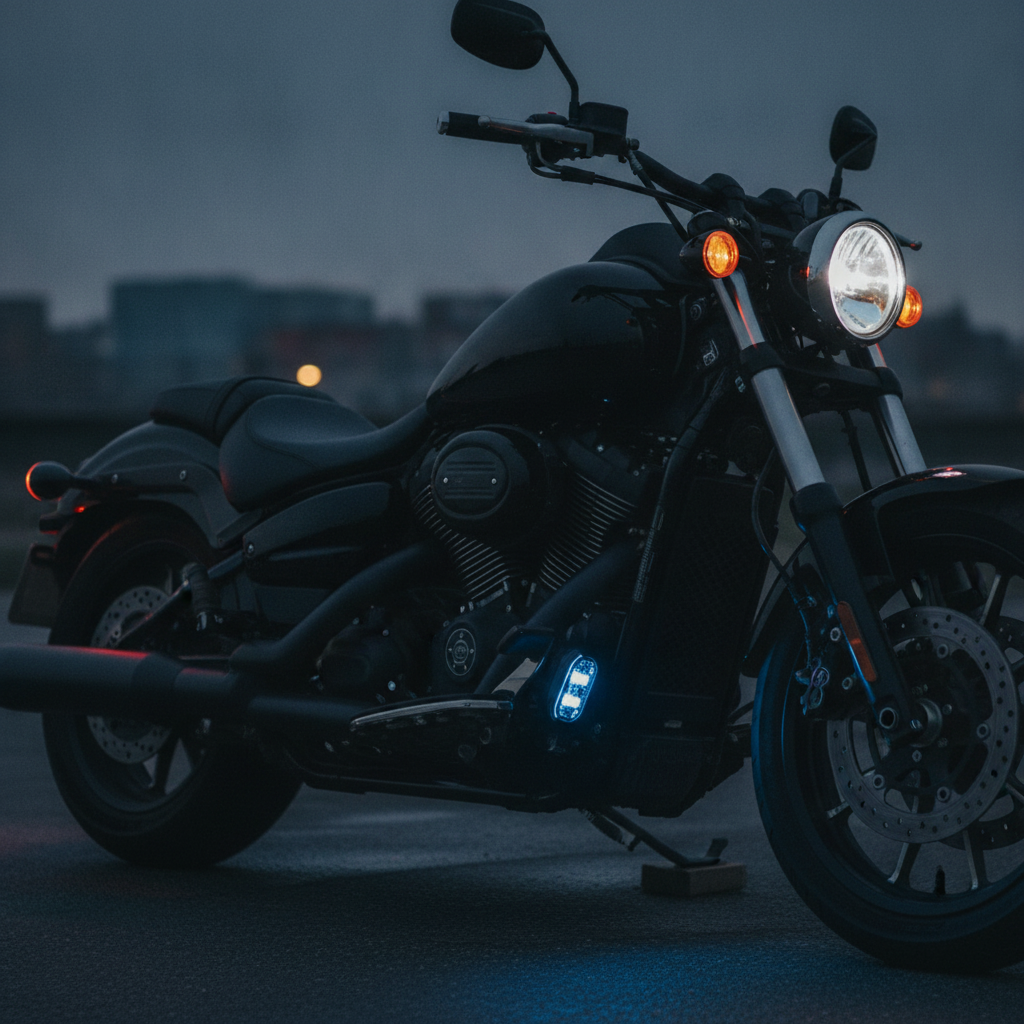 motorcycle LED lights glowing on a cruiser at night