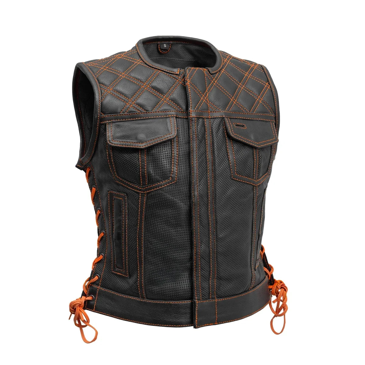 Bonnie Perforated Women's Motorcycle Leather Vest Women's Perforated Leather Vest Vests Black Orange XS