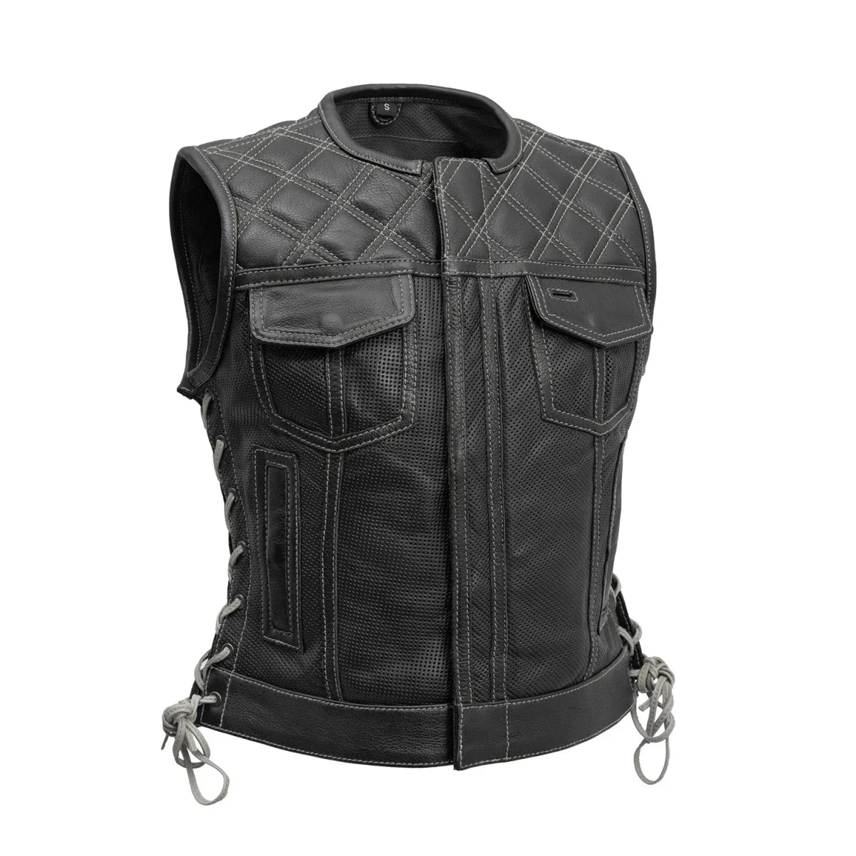 Bonnie Perforated Women's Motorcycle Leather Vest Women's Perforated Leather Vest Vests Black Grey XS