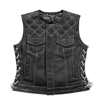 Bonnie - Women's Motorcycle Leather Vest - Diamond Quilt Women's Leather Vest Vests Black White XS
