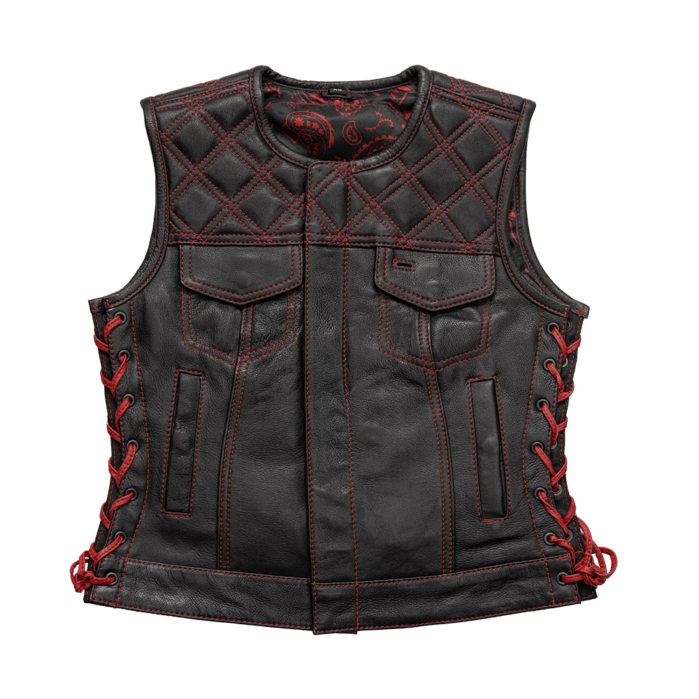 Bonnie - Women's Motorcycle Leather Vest - Diamond Quilt Women's Leather Vest Vests Black Red XS