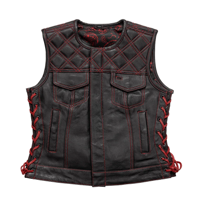 Bonnie - Women's Motorcycle Leather Vest - Diamond Quilt Women's Leather Vest Vests Black Red XS