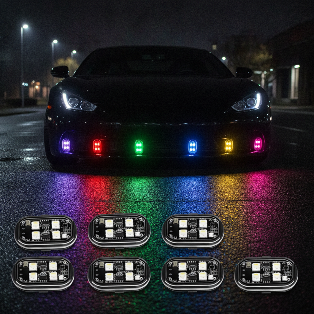 motorcycle LED lights underglow on a car at night