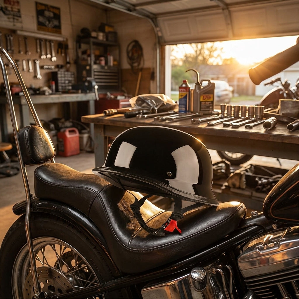 German half helmet on a chopper seat in the garage