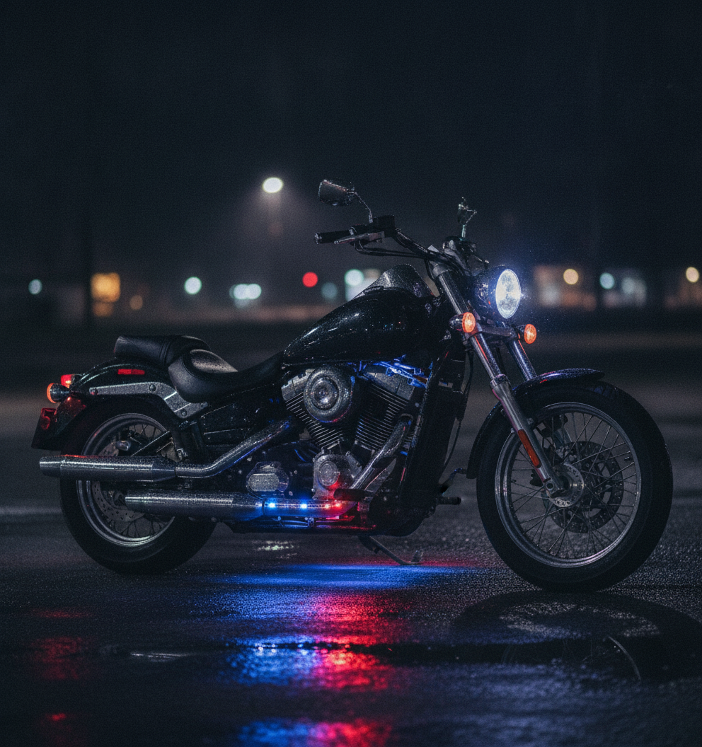 motorcycle at night glowing with RGB underglow lights
