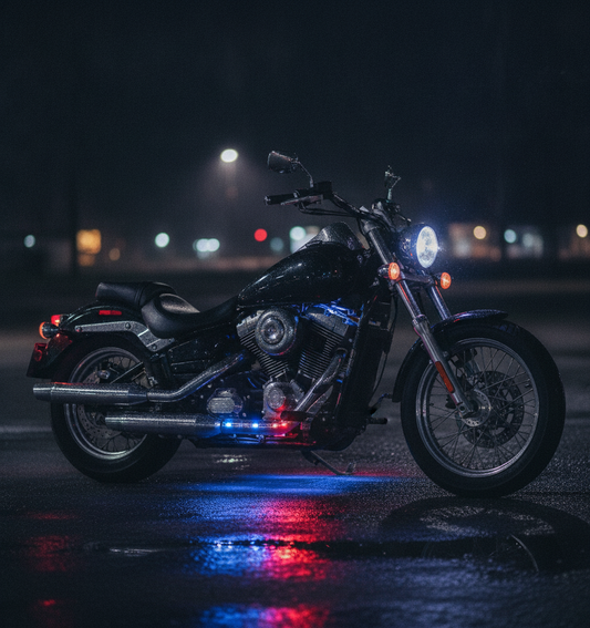 motorcycle at night glowing with RGB underglow lights