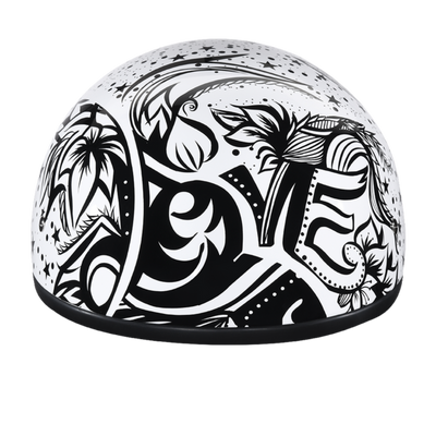 The Daytona D.O.T Skull Cap - w/Lovesee Helmet is a white and black helmet with intricate graffiti-style designs featuring leaves, abstract shapes, and the word "Love," all crafted in a slim line design that meets D.O.T. safety standards.