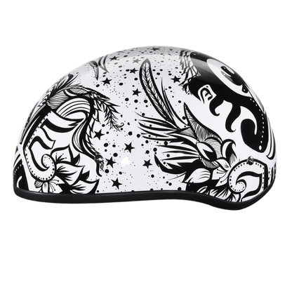 A Daytona D.O.T Skull Cap - w/Lovesee Helmet with intricate black designs including feathers, stars, and abstract shapes, featuring a slim line design that enhances its sleek appearance.