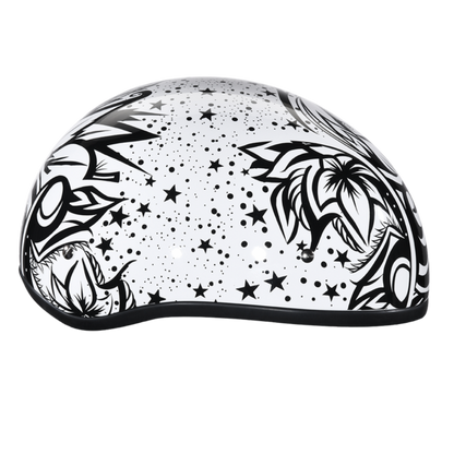 Daytona D.O.T Skull Cap - w/Lovesee Helmet with black abstract and floral designs, featuring star patterns. Crafted with a slim line design, it meets D.O.T. Safety Standards for your peace of mind.