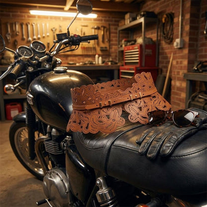 Tan leather corset belt on a motorcycle seat