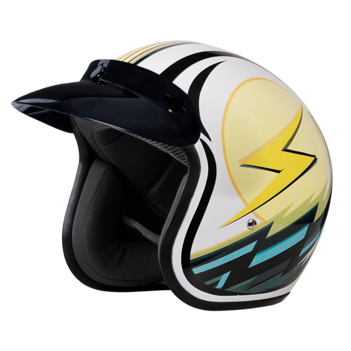 Daytona Cruiser DOT 3/4 open face motorcycle helmet in gloss white with yellow lightning bolt graphic and black snap on visor