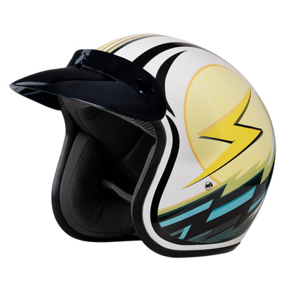 Daytona Cruiser DOT 3/4 open face motorcycle helmet in gloss white with yellow lightning bolt graphic and black snap on visor
