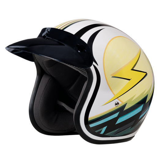 Daytona Cruiser DOT 3/4 open face motorcycle helmet in gloss white with yellow lightning bolt graphic and black snap on visor