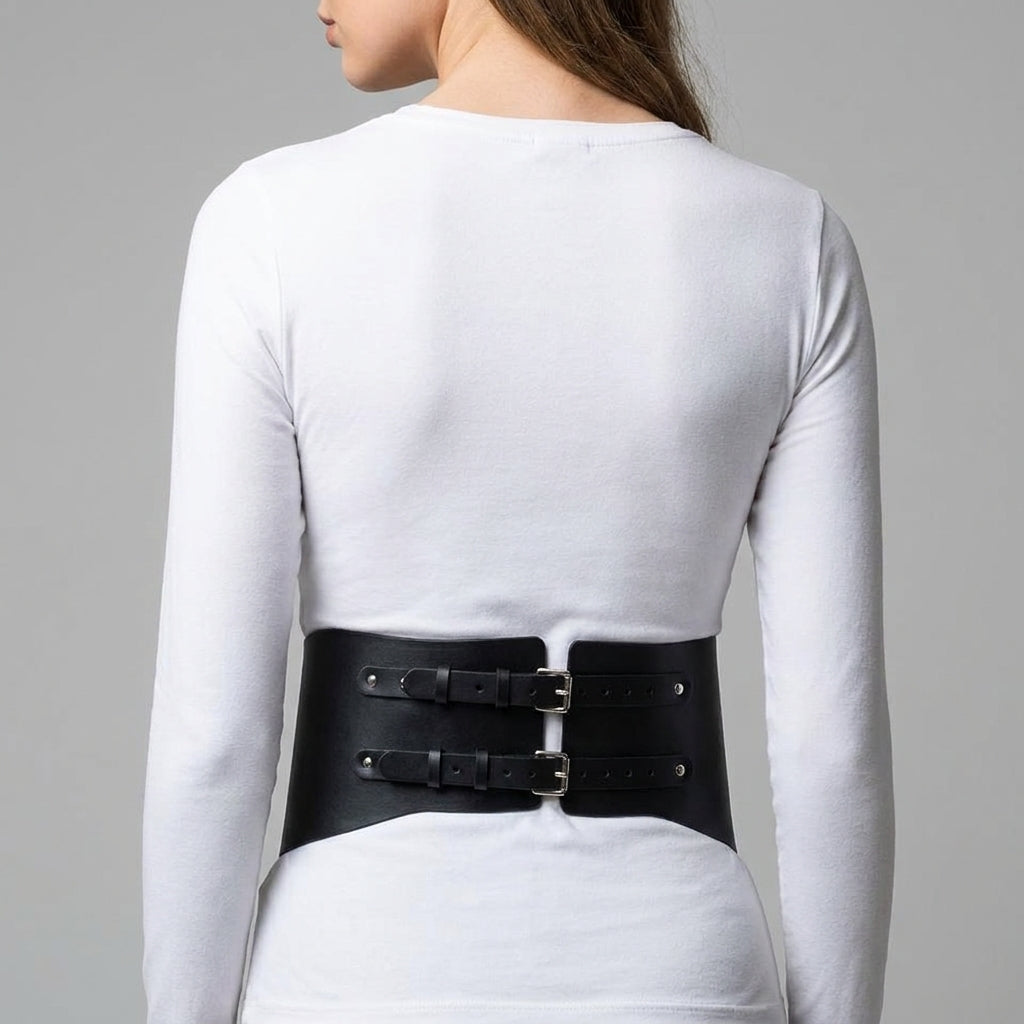 Back view showing the two buckle adjustment straps on the corset belt