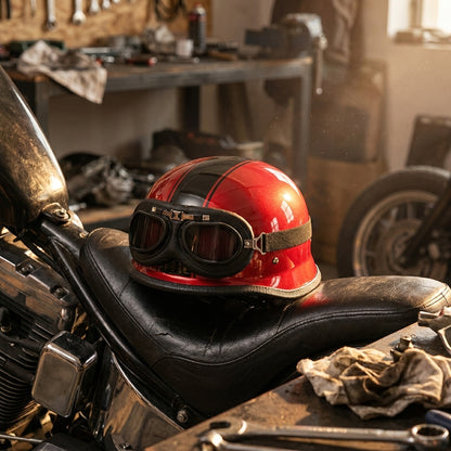 Glossy red German helmet with goggles on a chopper seat