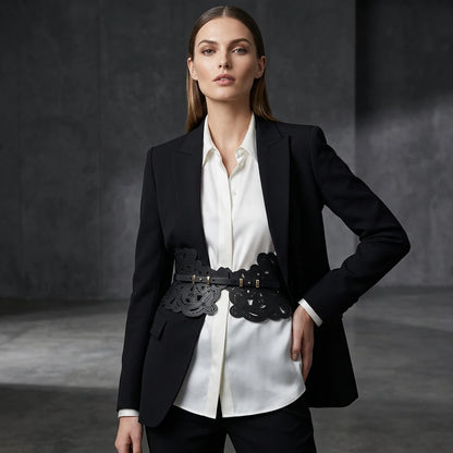 Black wide leather corset waist belt front view