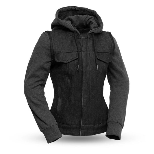 Essex Women's Motorcycle Denim Vest with Removable Sweatshirt Women's Denim Vest Vests Black XS