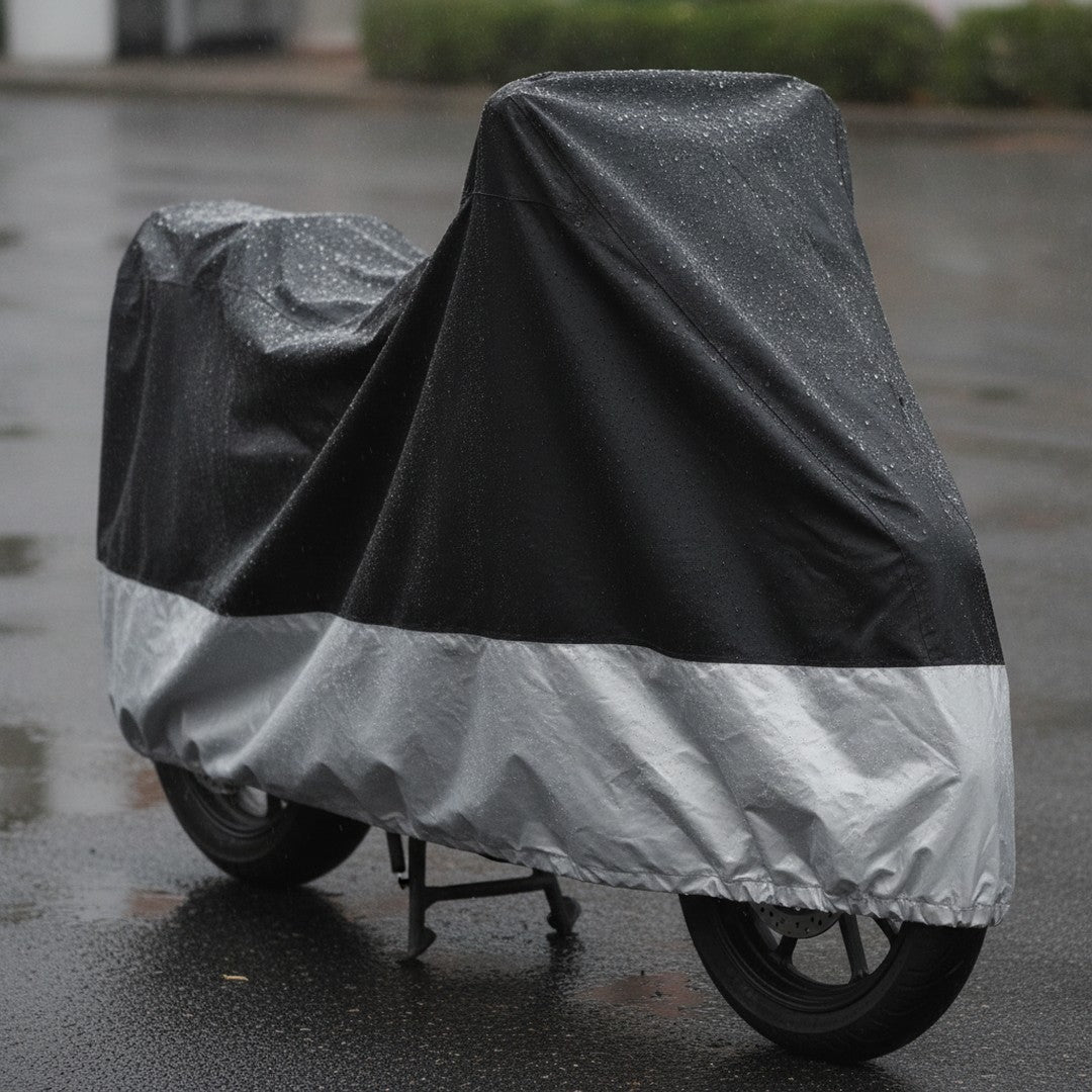 Rain beading on a black and silver motorcycle cover