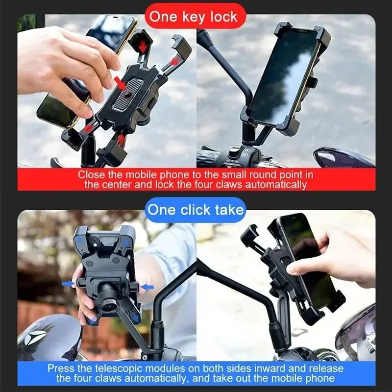 One key lock and one click release install steps for the handlebar phone holder