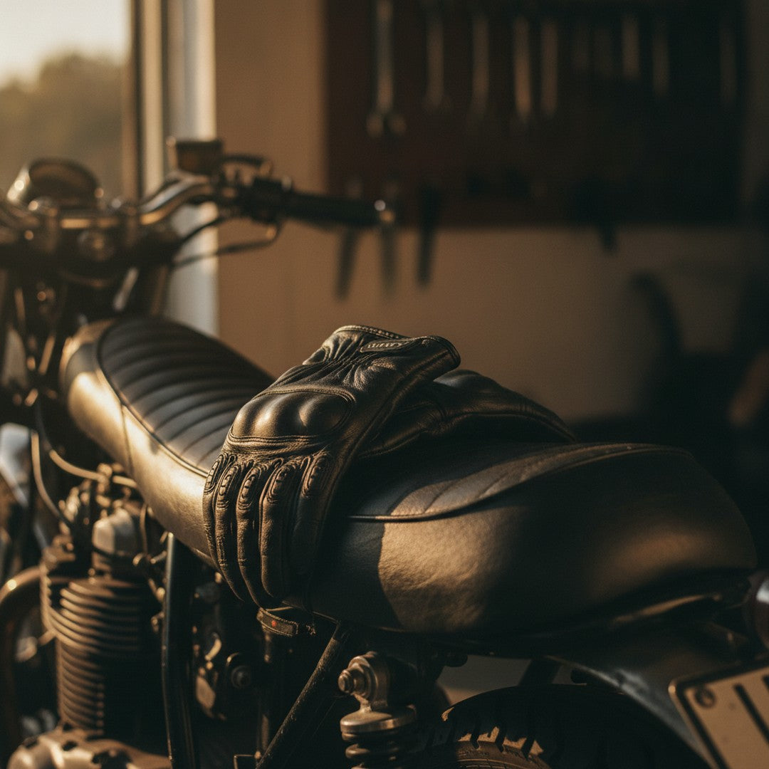 Black leather motorcycle gloves on a motorcycle seat