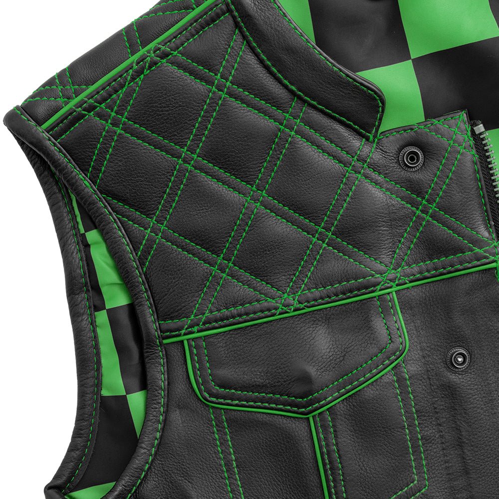 Finish Line - Green Checker - Men's Motorcycle Leather Vest Men's Leather Vest Vests