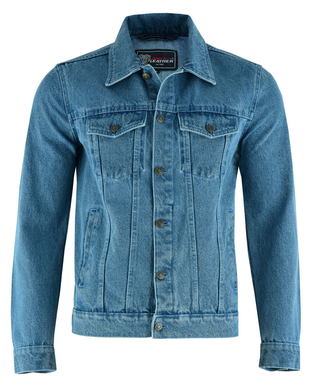 Vance Men's Light Blue Heavy Duty Denim Button Front Motorcycle Jacket, Jean Jacket for Men