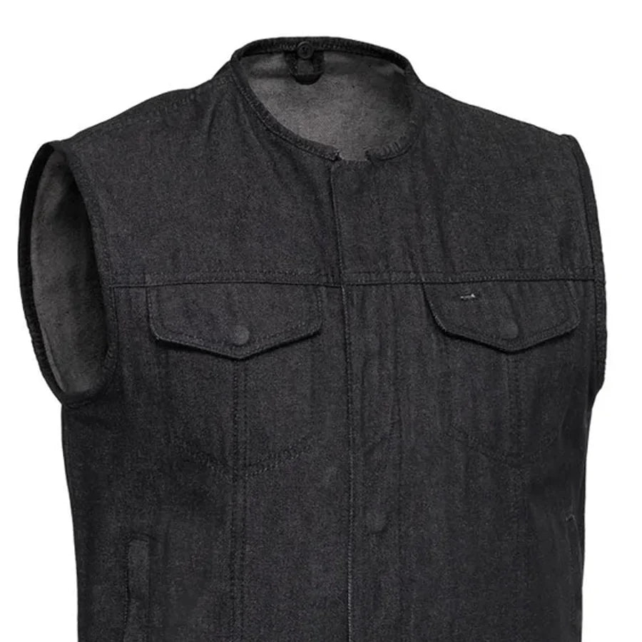 Haywood Men's Motorcycle Denim Vest - Black Men's Denim Vest Vests