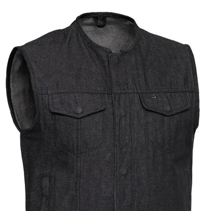 Haywood Men's Motorcycle Denim Vest - Black Men's Denim Vest Vests
