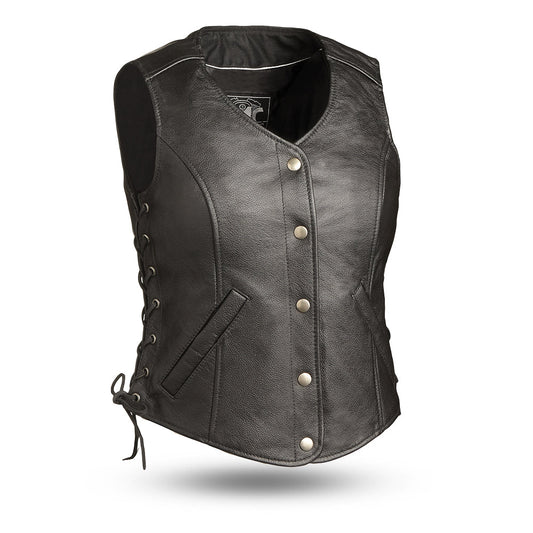 Honey Badger Women's Motorcycle Leather Vest Women's Leather Vest Vests Standard Black XS