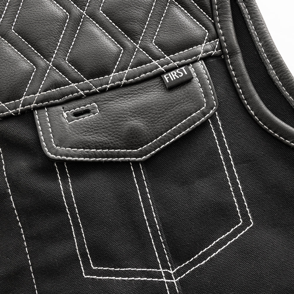 Hunt Club Motorcycle Leather Canvas Vest White Stitch Men's Canvas Vests Vests