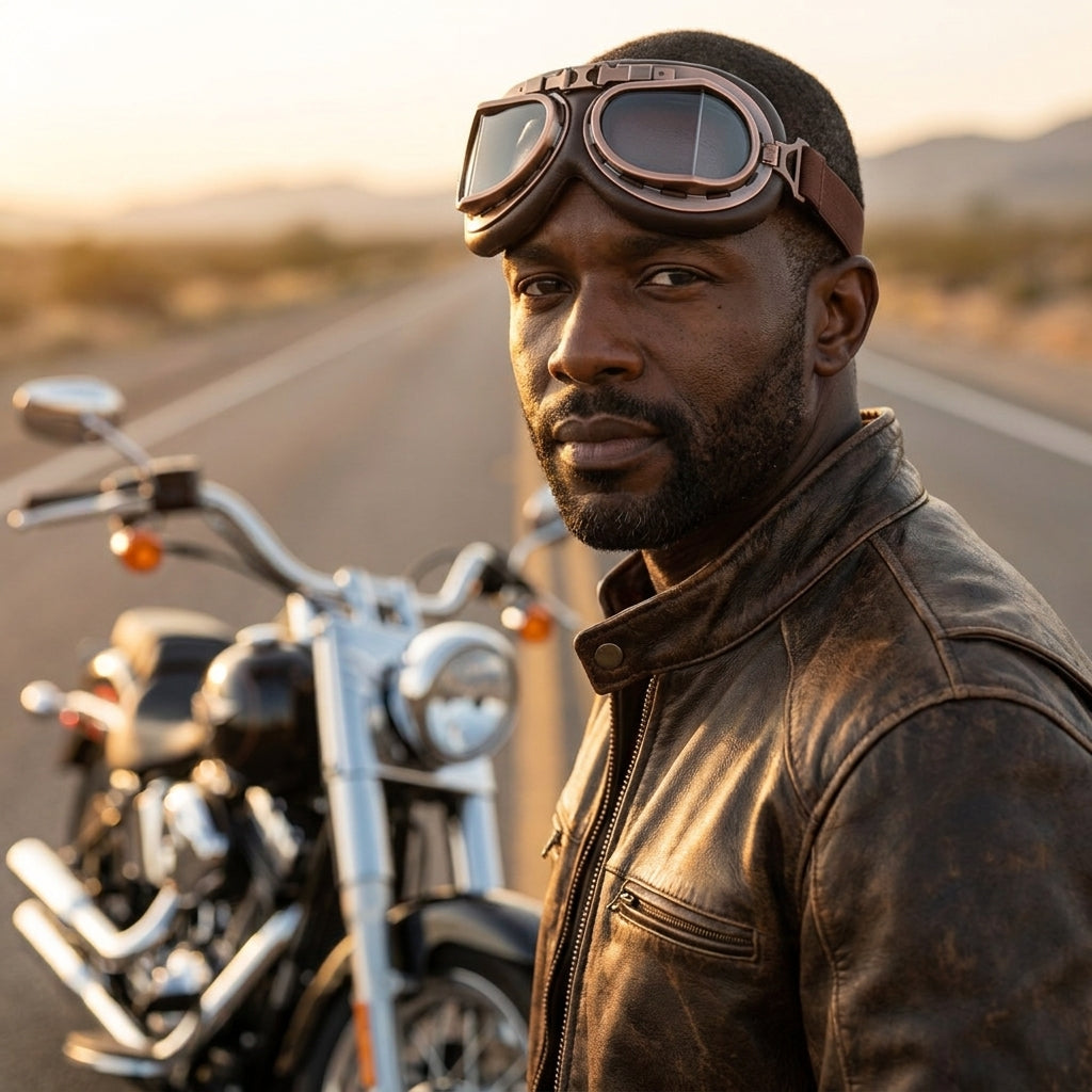 Rider wearing vintage aviator goggles beside a cruiser